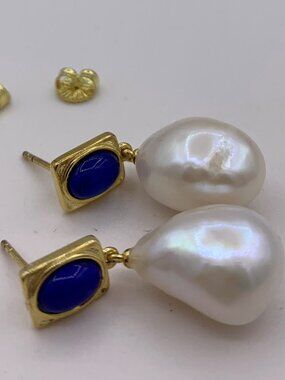 Earrings, solid 925 sterling silver, lapis lazuli, real baroque pearl, vermeil